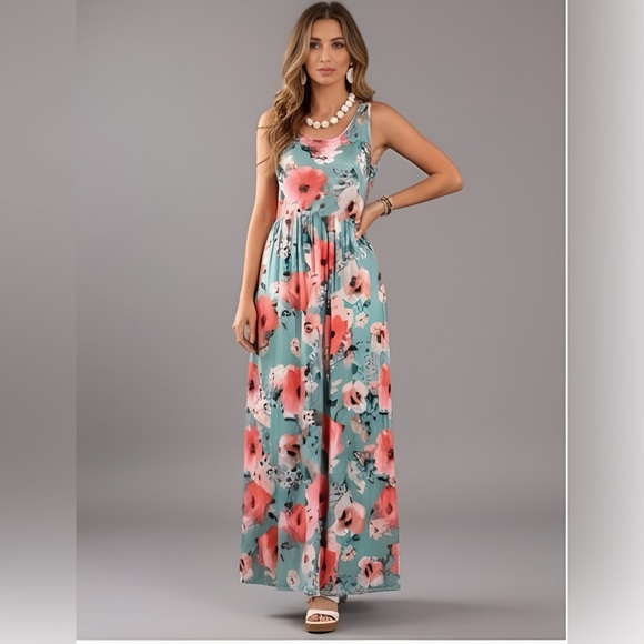 Blue Boho Floral Print Hidden Pocket Dress - Picture 1 of 8